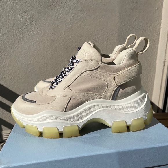 PRADA Sneakers Platform Leather & Robber  Beige \ White Size 38 EU - Picture 1 of 9